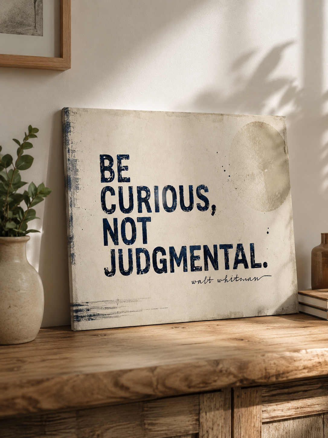 Be Curious Not Judgmental - Walt Whitman Zitat auf Holzleinwand